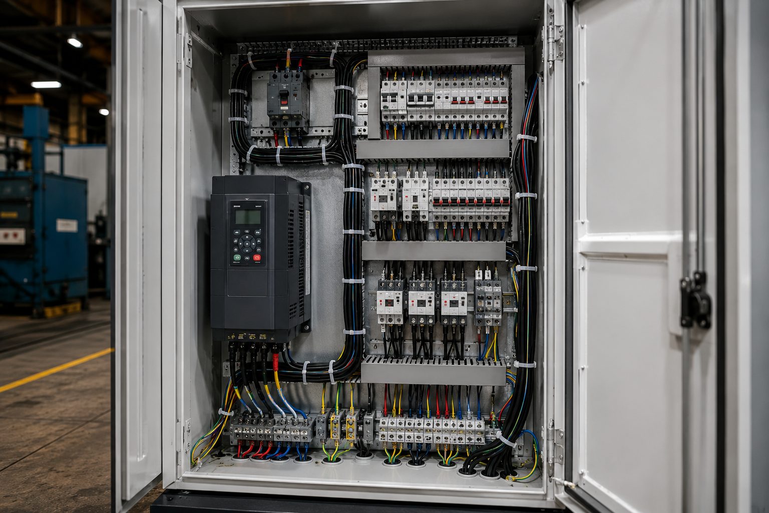 Industrial control cabinet with cables organized by FIRST cable ties