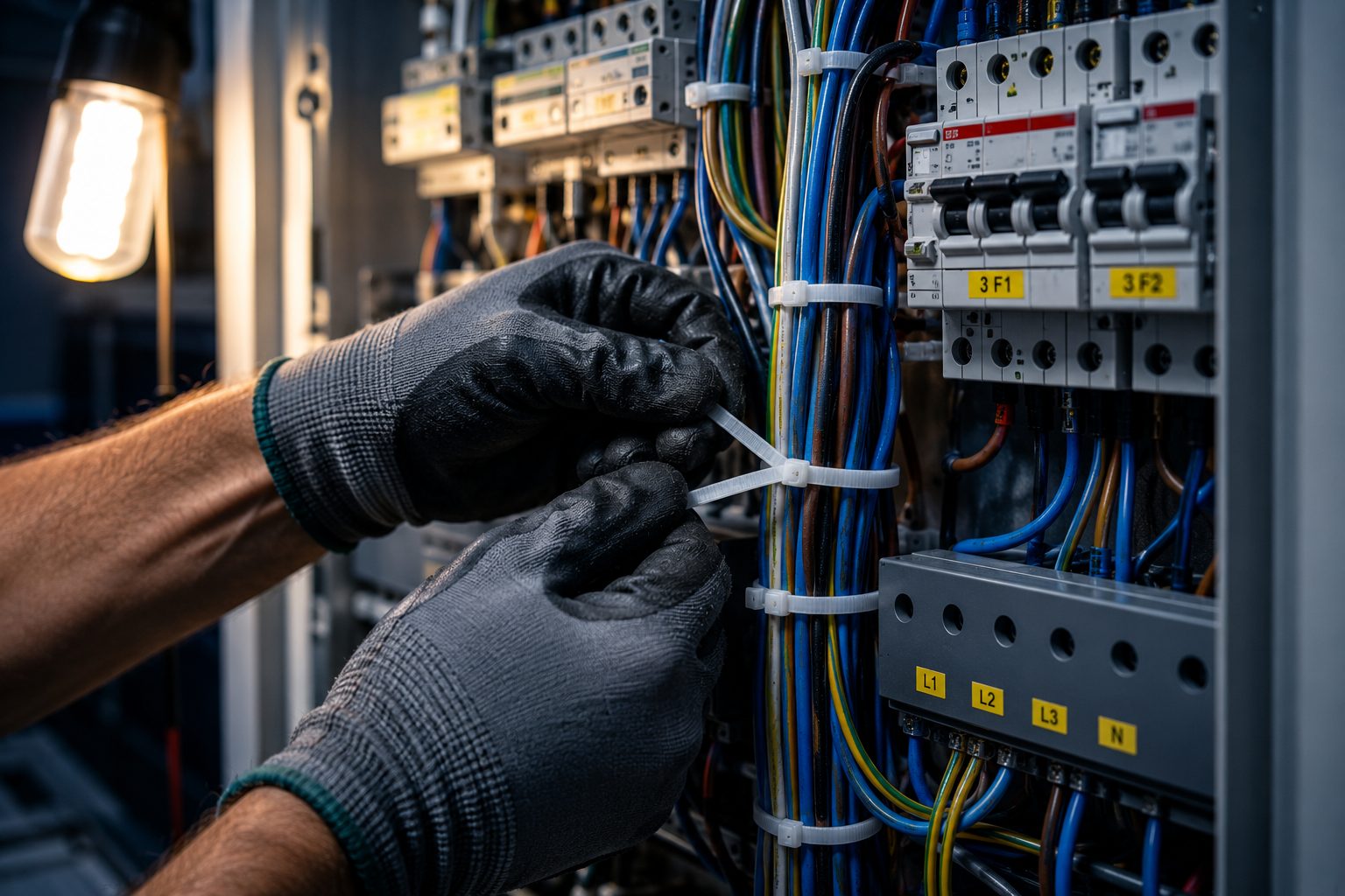 Technician securing cables with FIRST nylon cable ties inside an electrical panel