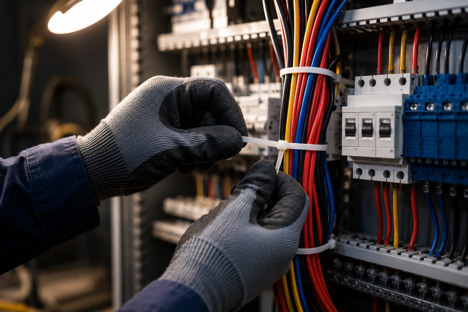 Close-up of a nylon cable tie fastening wires in a breaker panel